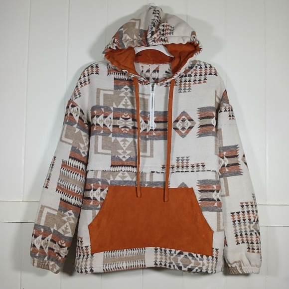 The Unbranded Brand Tops - Southwestern Aztec Print Quarter Zip Hoodie Rust Geometric Pullover Women Large‎